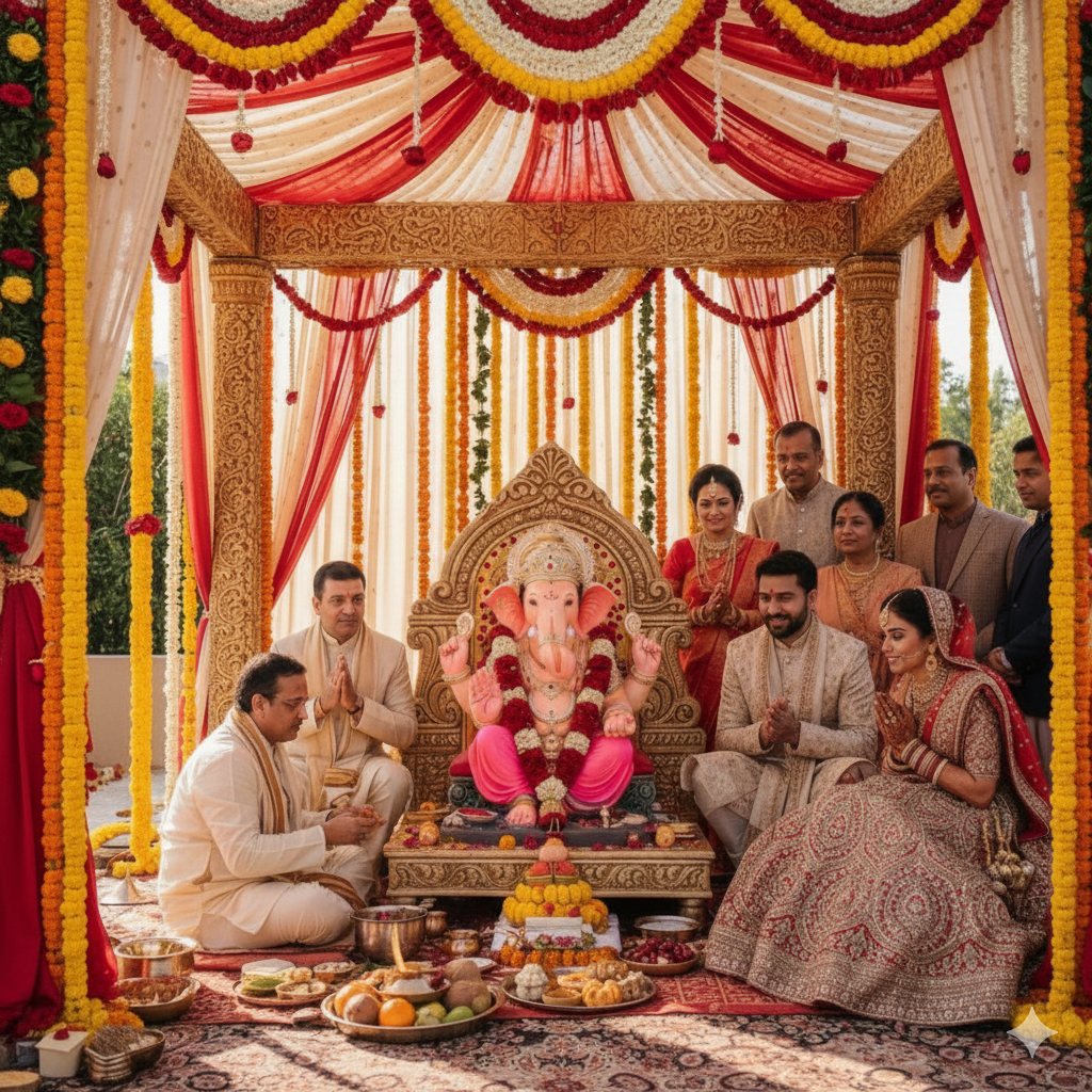 Ganesh Pooja setup with kalash and incense